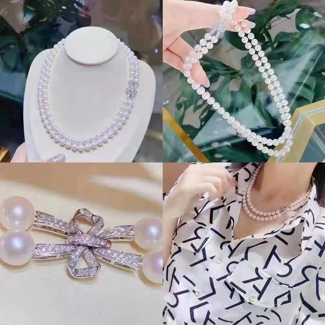 2 ряда 16-18 дюймов AAA Япония Akoya 8-9 мм белый жемчуг кулон браслет ожерелье 925s