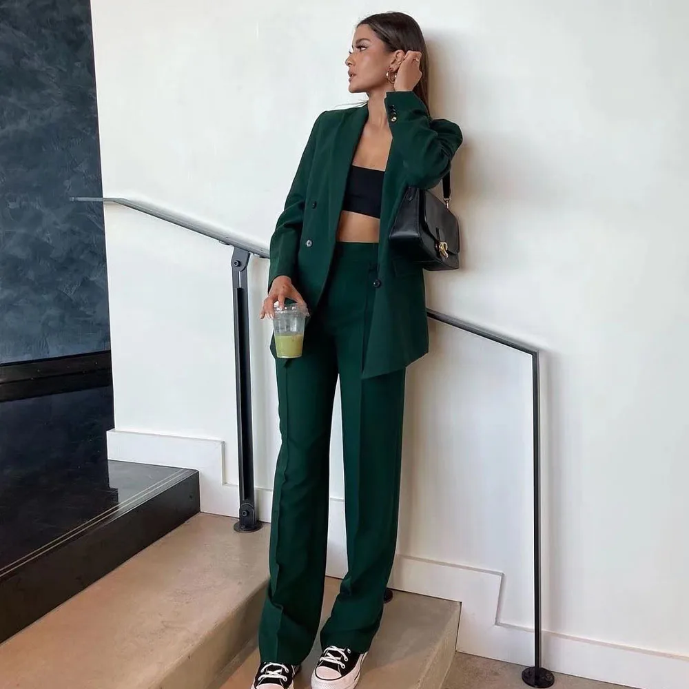 

DiYiG WOMAN 2021 early autumn new women's clothing European and American style casual green double-breasted slim suit jacket
