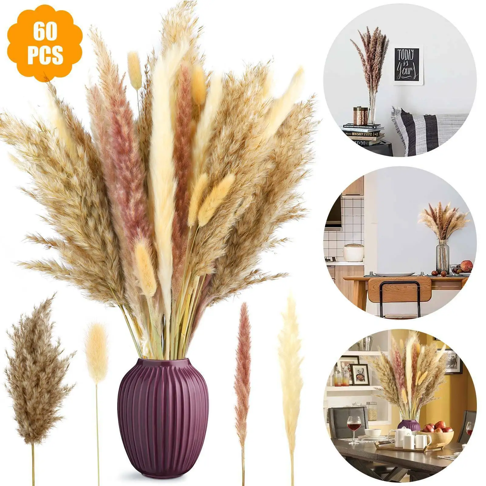 

60X Natural Dried Pampas Grass Reed Flower Bunch Bouquet DIY Wedding Party Decor
