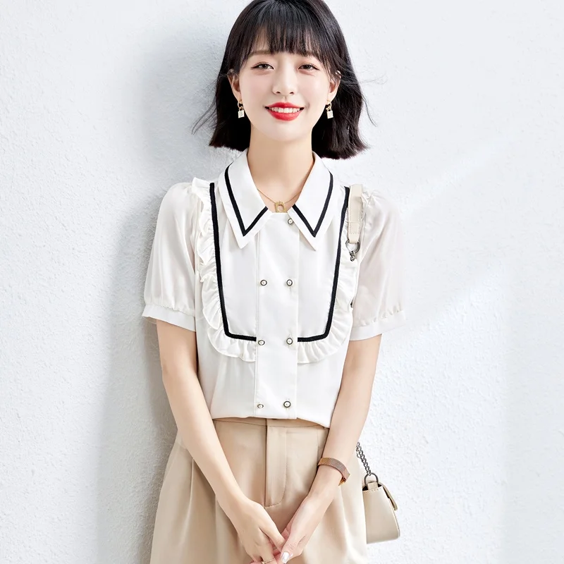 

2022 Summer Fashion Chiffon Shirt Blouse Lapel Ruffle Short Sleeve Shirt Women's Tops Blusas Mujer