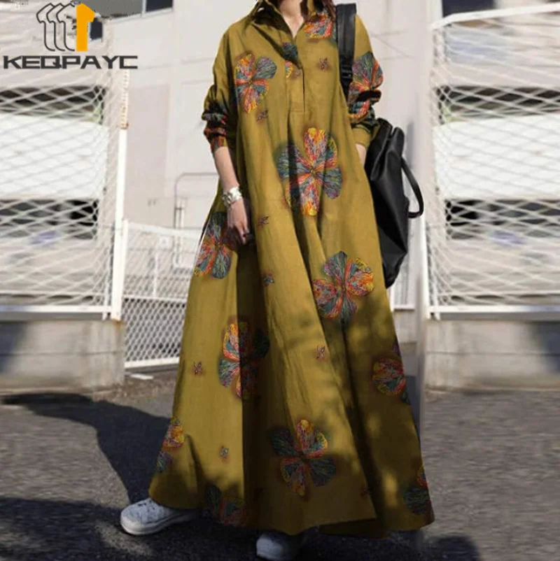 

New 2023 Women's Ethnic Style Long Dress Spring Autumn Women Ladies Vintage Print Cotton Linen Lapel Loose Casual Shirt Dress