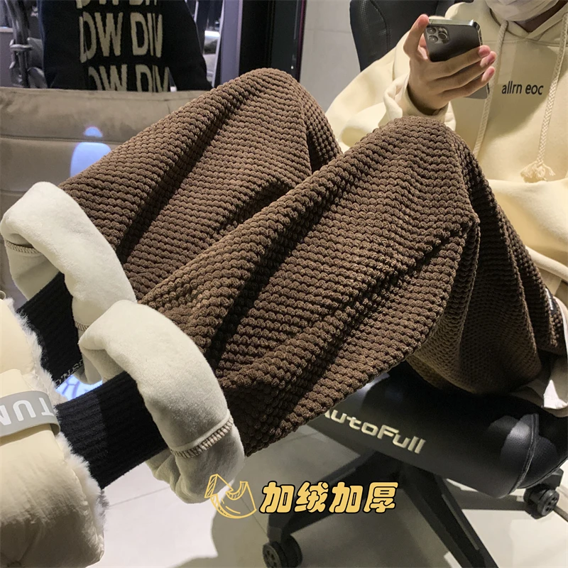 

Privathinker Korean Men Casual Wide Leg Pants 2022 Solid Color Waffle Streetwear Man Oversized Pants Elastic Waits Male Trousers