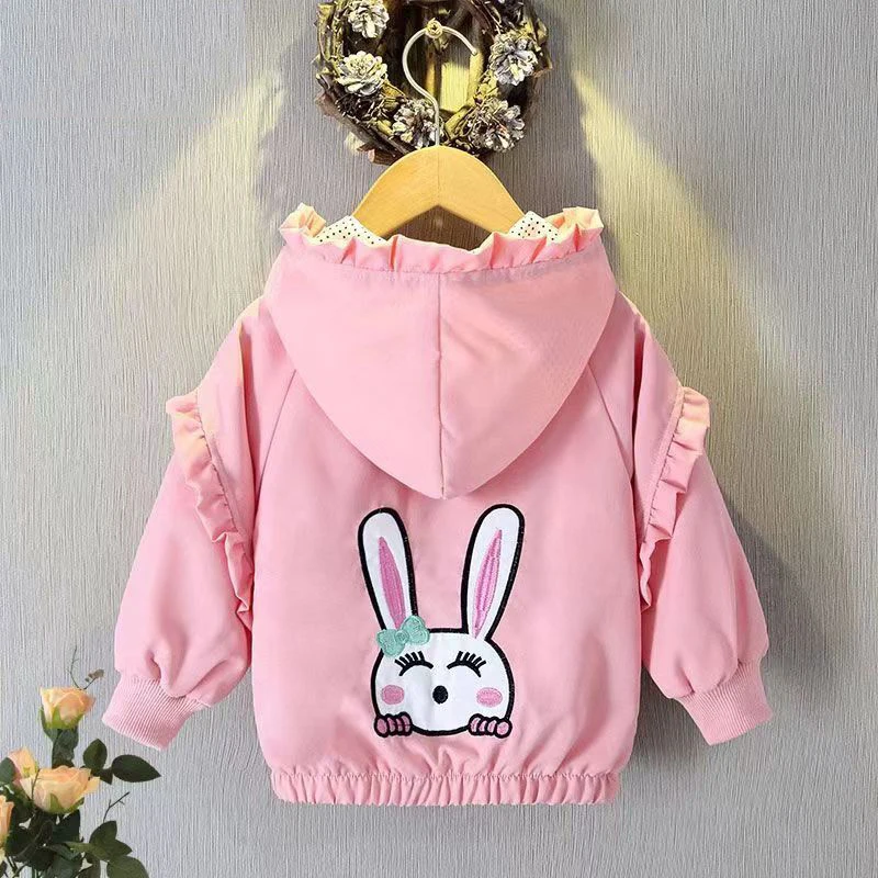 

Cartoon Bunny Girls Jackets Spring Autumn Ruffled Long Sleeve Rabbit Embroidered Hooded Outerwear 1-6 Years Children Trench Coat