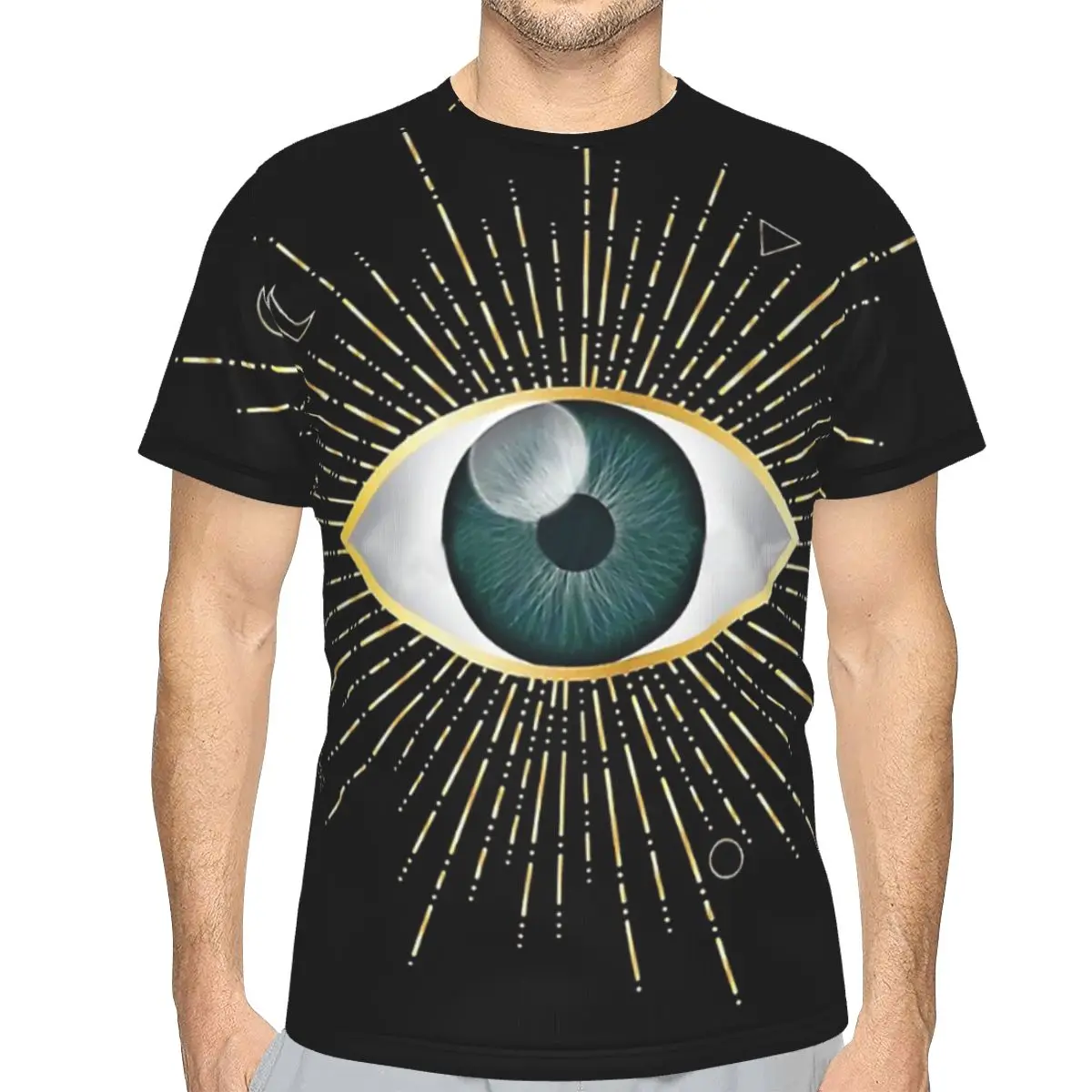 

Teal Evil Eye Gold Sun Moon Star Triangle Circle Nazar Mati Talisman Polyester TShirts Eyelash Lashes Pattern Men T Shirt