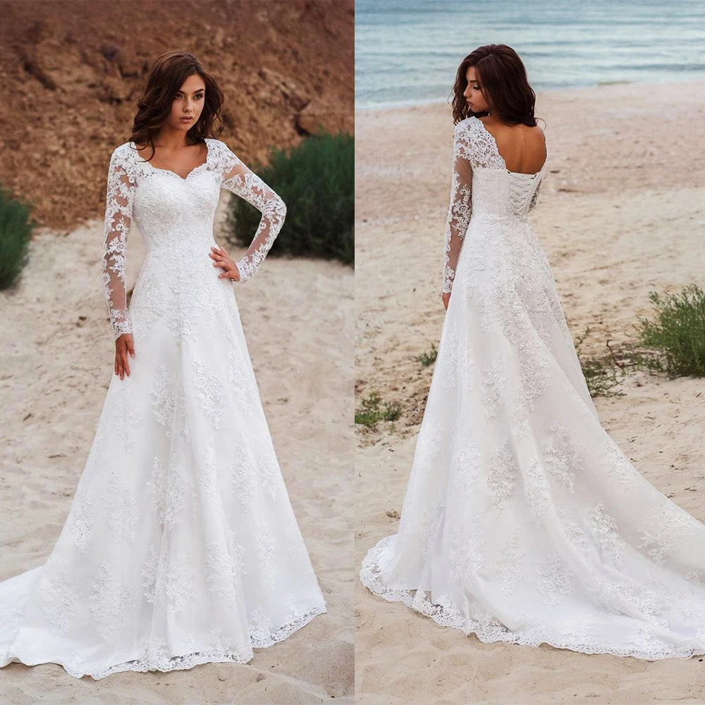 

Женское ТРАПЕЦИЕВИДНОЕ свадебное платье Sirene, элегантное садовое платье с открытой спиной и длинными рукавами, со шнуровкой, вырезом сердеч...