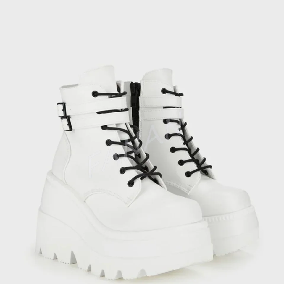 

White Ankle Buckle Punk Boots Flat Heel Platform Heel High Heel Shoes for Women Round Toe Wedding Shoes 2023 Zapatos Para Mujere