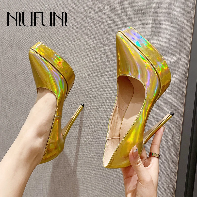 

NIUFUNI New Pointed Patent Leather Solid Color Stiletto Woman Shoes Platform Size 35-42 High Heels Fashion Slip On Women's Pumps