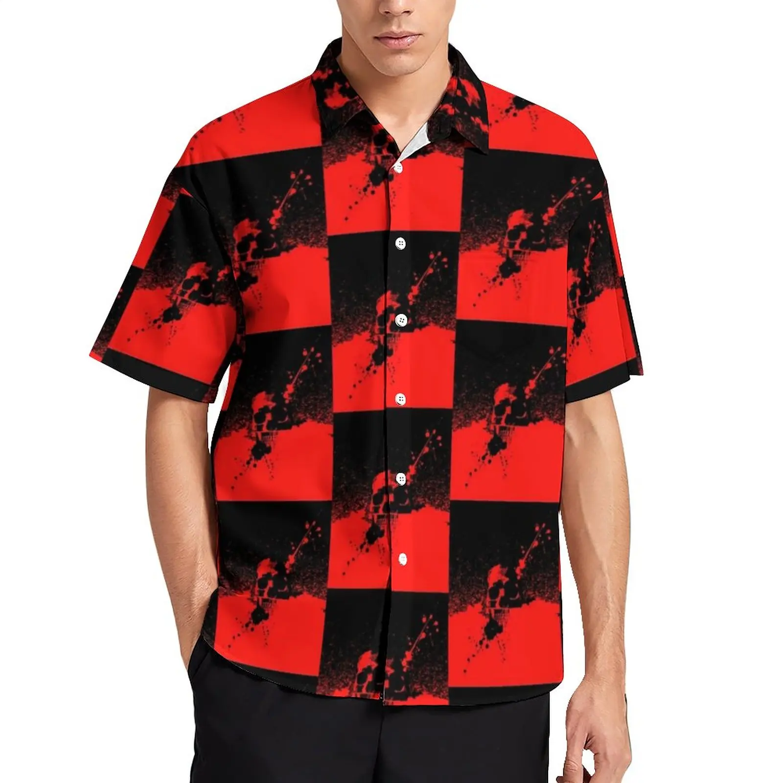 

Рубашка мужская повседневная в готическом стиле, блузка для отпуска, фантазия, черно-красная, гавайская модель, графика, двухцветная, 3XL 4XL