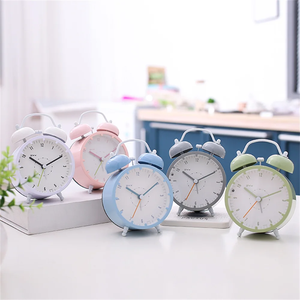 

4 inch Table Clock 3 inch Alarm Clock with Night Light Blue Bedroom Bedside Students Timed Study Metal Shell Get up Bell