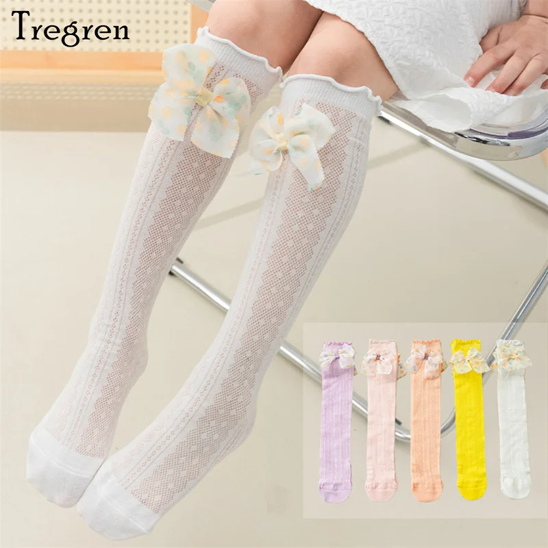 

Tregren 2-13 Years Kids Medium Tube Socks Summer Thin Korean Kwaii Bow Princess Socks Mesh Little Girls Calf Socks Anti-mosquito