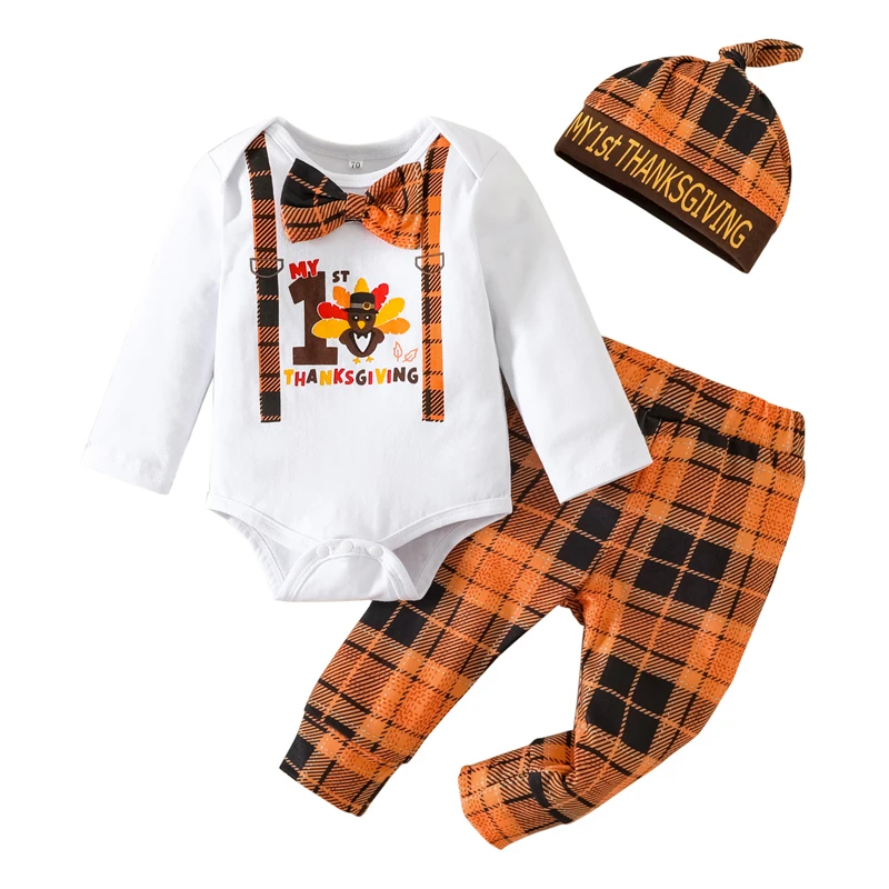

Baby Boys Thanksgiving Outfit Sets 0-18 Month Infants White Long Sleeve Turkey Print Romper + Plaid Pants + Hat Suit for Autumn