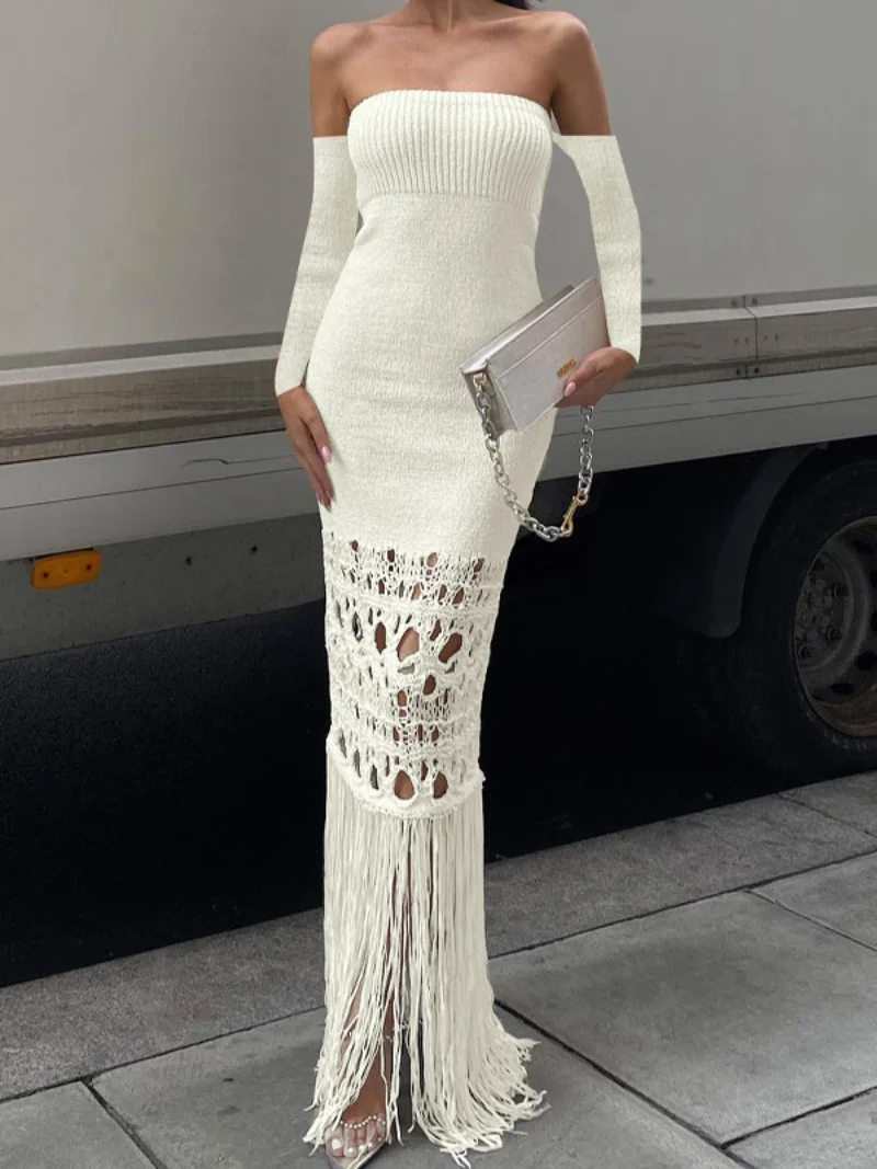 

Women White Sweater Dress Streetwear Fashion Elegant Off Shoulder Strapless Backless Tassels Long Maxi Knitted Evening Dresses