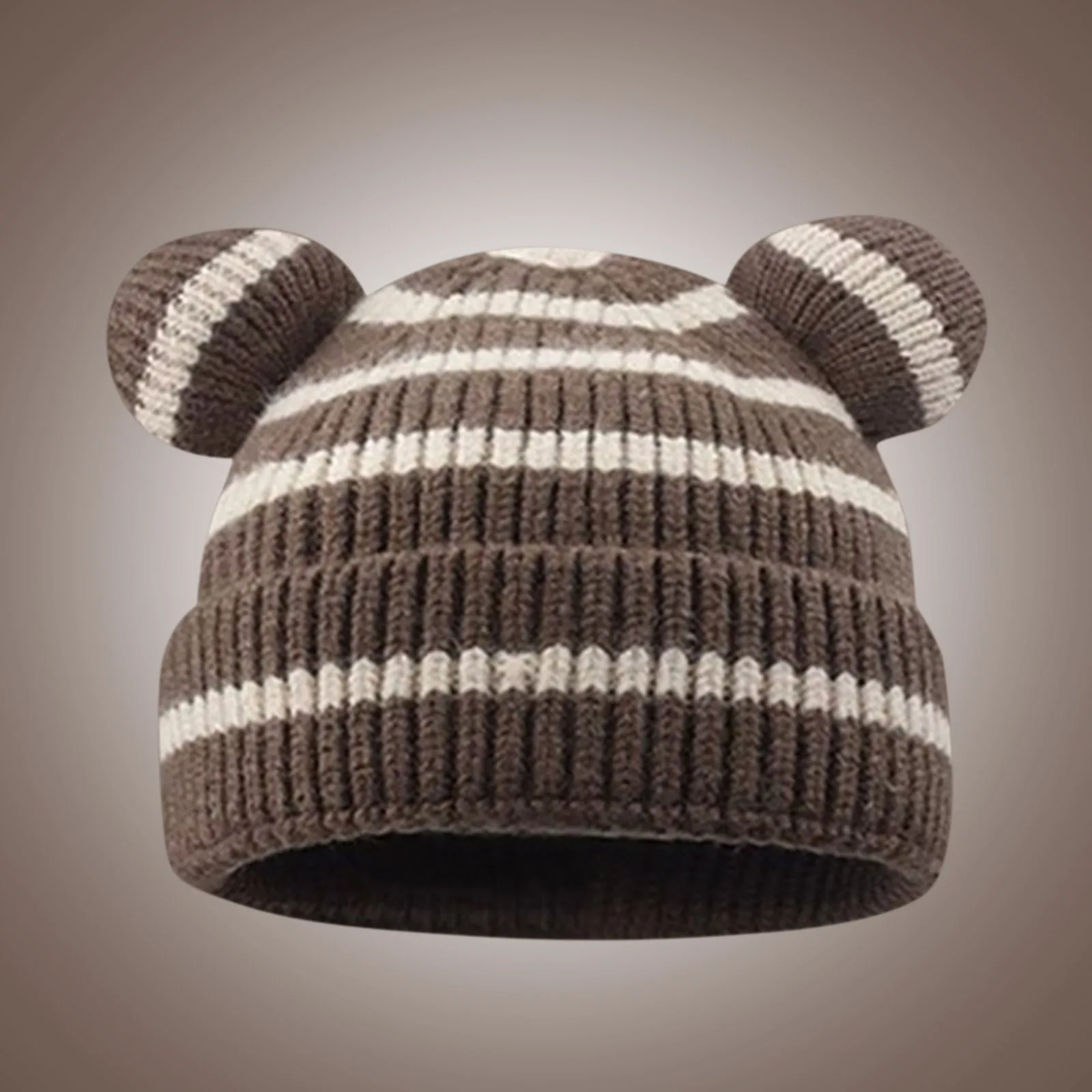 

Striped Bear Ear Winter Beanie For Women's Knitted Hats Warm Casual Streetwear Caps Hooded Bonnet Beanies Skullies Kawaii Caps