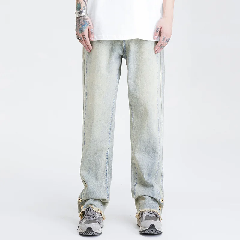 

Мужские джинсы в стиле Хай-стрит, потертые прямые свободные джинсы в стиле хип-хоп, брюки Y2k, Мужская корейская мода, уличная одежда, джинсы, т...