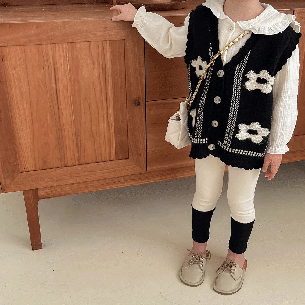 2022 Spring New Girls Knit Cardigan Vest Fashion Children Girls Flower Knitted Vest Jacket Kids Baby V-neck Sweater
