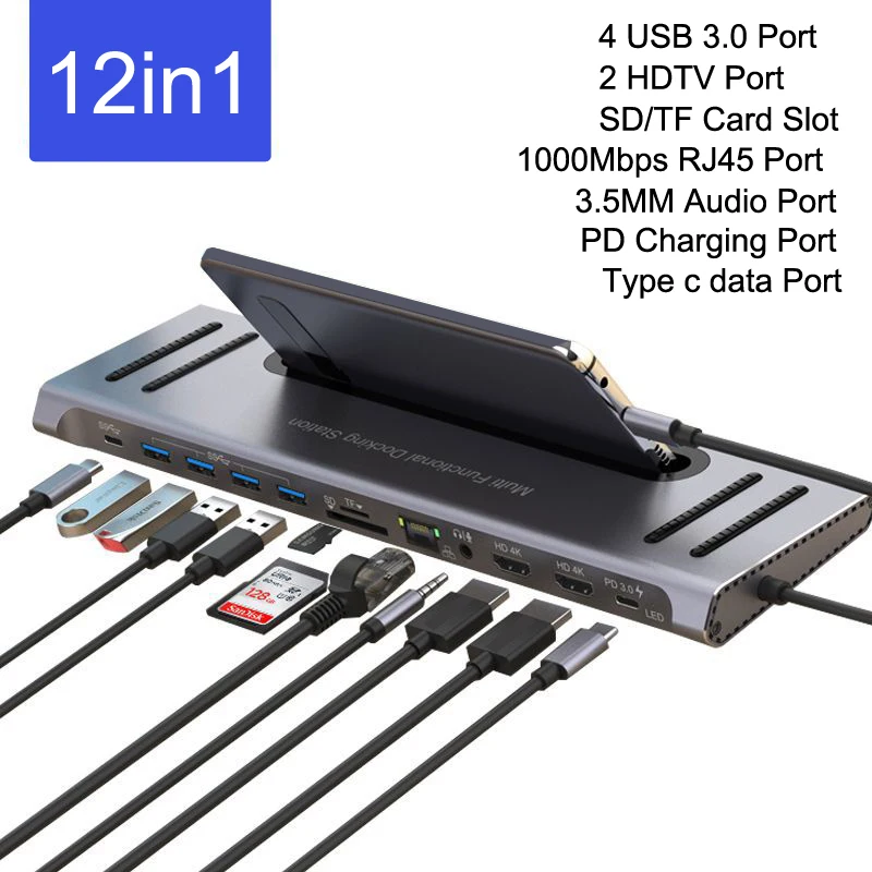 

Type C Laptop Stand Dock To USB 3.0 HUB HDMI-compatible TV Monitor RJ45 Ethernet Card Reader for MacBook PC Huawei P20 P30 Phone