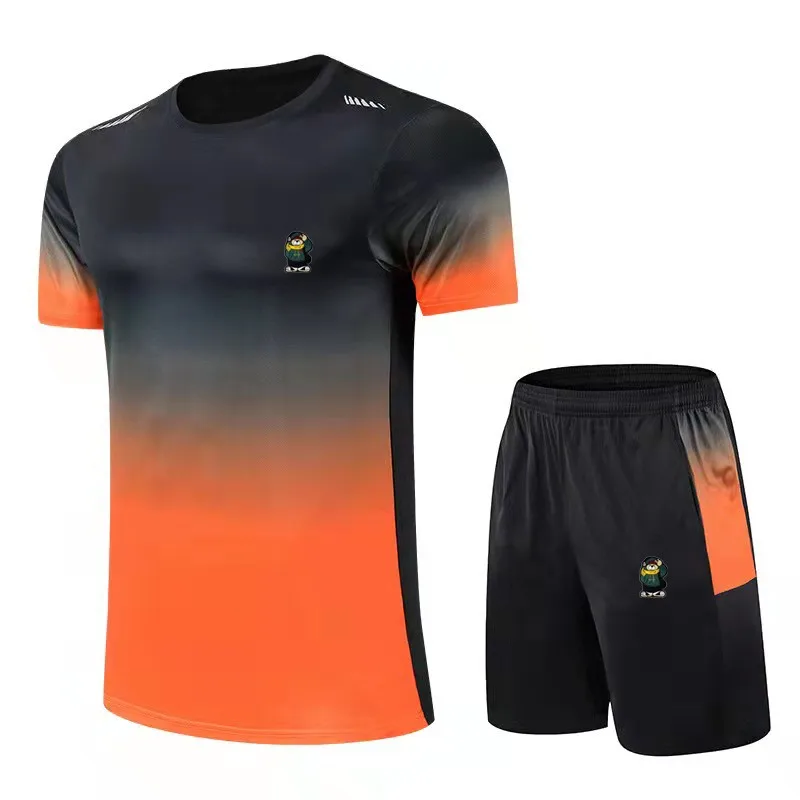 Gradient color (T-shirt+shorts) 2023 summer men and women's embroidered short sleeved T-shirt casual sports two-piece set