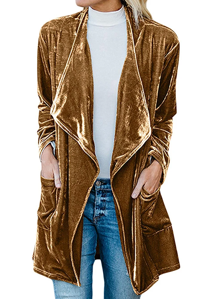 

Autumn Winter Golden Velvet Women's Trench Coat Casual Street Windbreaker Lady Loose Warm Windproof Long Sleeve Pockets Overcoat