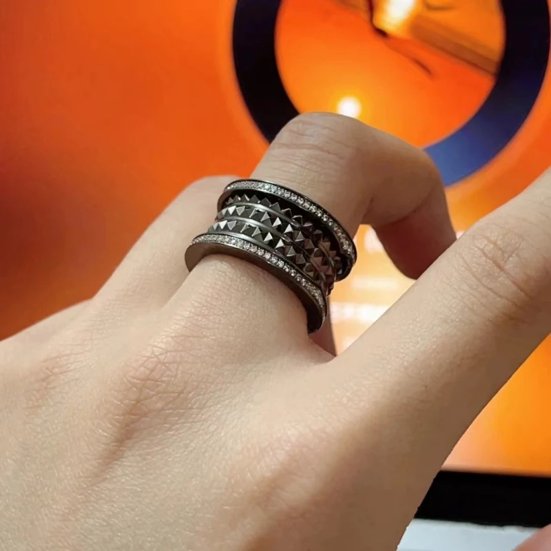 European Black Warrior Edge Diamond Rivet Ring Wide and Narrow Edition Men's Women's Fashion High end Jewelry Gift