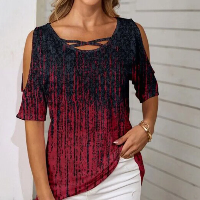 

Ultra-large fashion ethnic print off-the-shoulder short-sleeved T-shirt