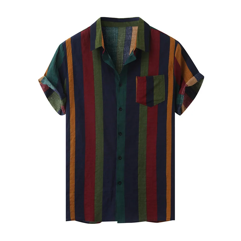

Hawaii Men Shirt Blouse Multicolor Stripes Loose Short Sleeve Casual Buttons Cotton Beach Shirt Men Oversize