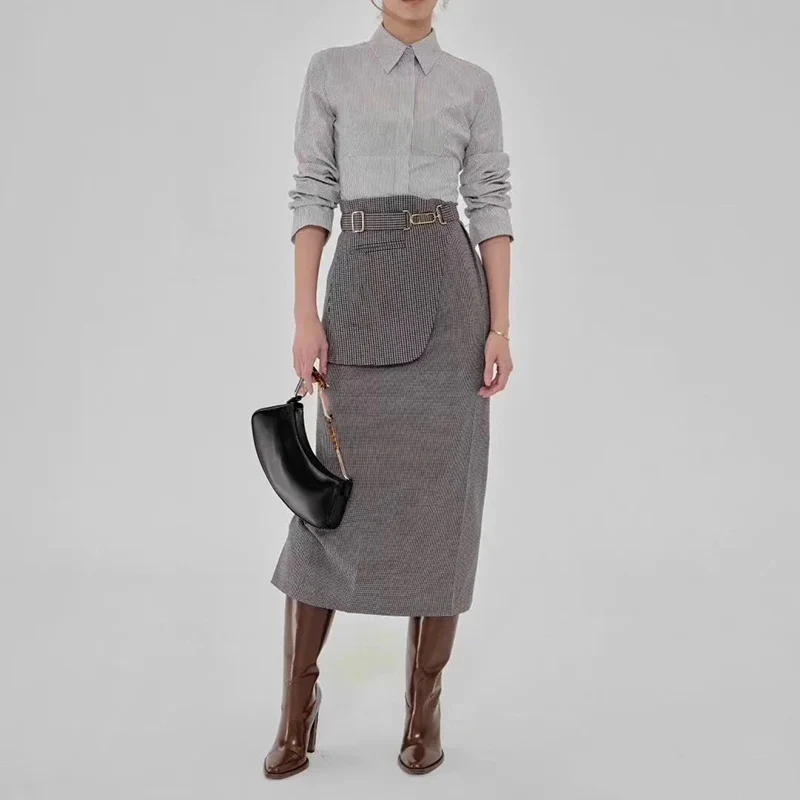 

22 Early Autumn Fashion Houndstooth Stitching Skirt Women Luxury Irregular Slit Straight Skirt High Quality Elegant Slim Skirts