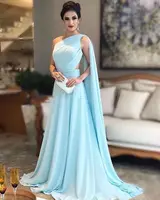 Elegant Light Blue Mother of the Bride Dress One Shoulder Pleated Chiffon Long Saudi Arabic Prom Evening Gowns For Wedding Party