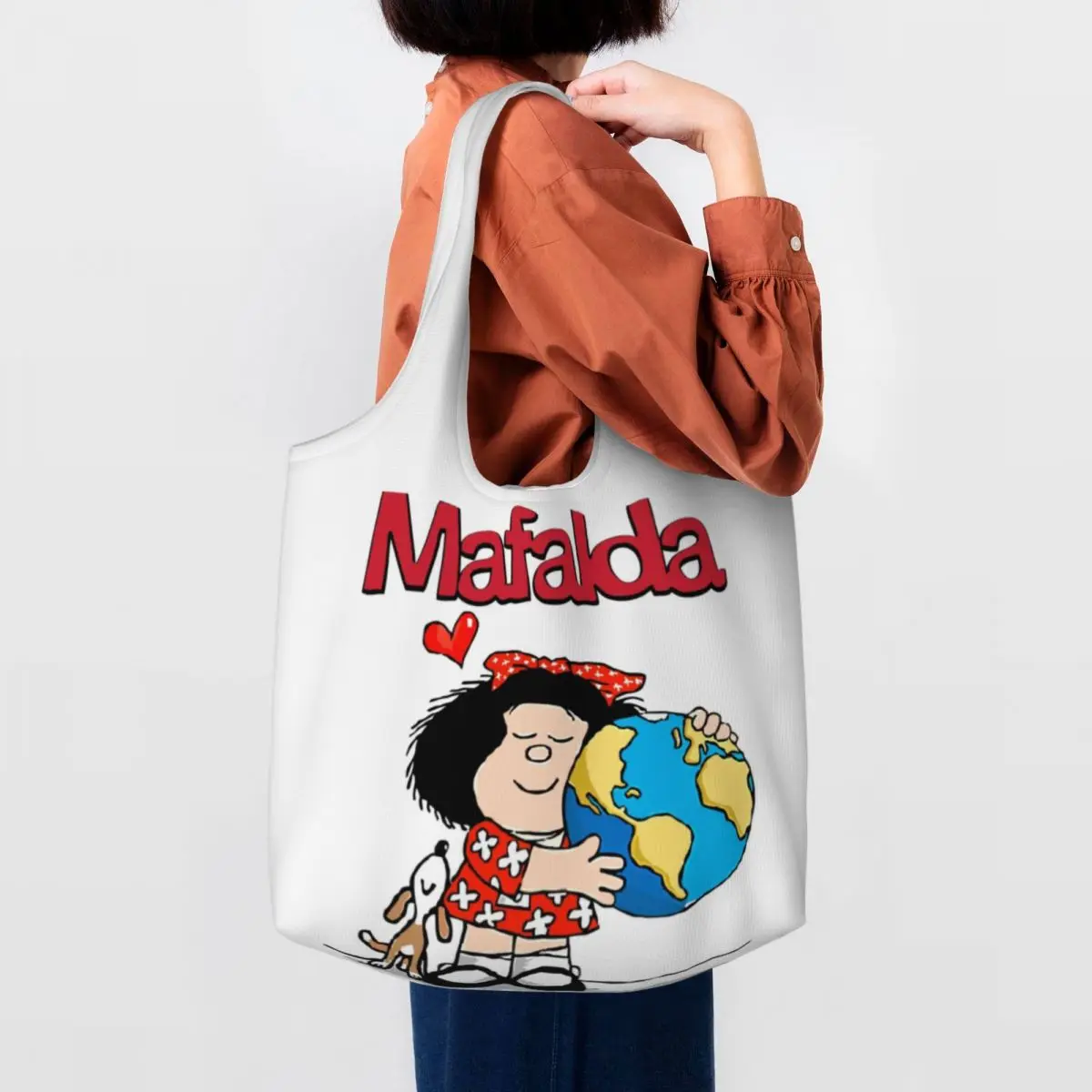 

Mafalda World And Her Puppy Grocery Shopping Bags Canvas Shopper Shoulder Tote Bags Capacity Durable Quino Comic Cartoon Handbag