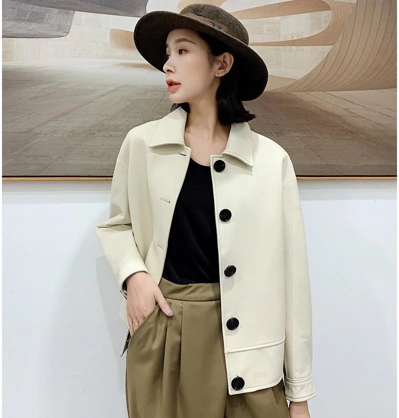 brand Free shipping.2023 new fashion women genuine leather jacket.quality white soft thin sheepskin coat.loose style.dropship