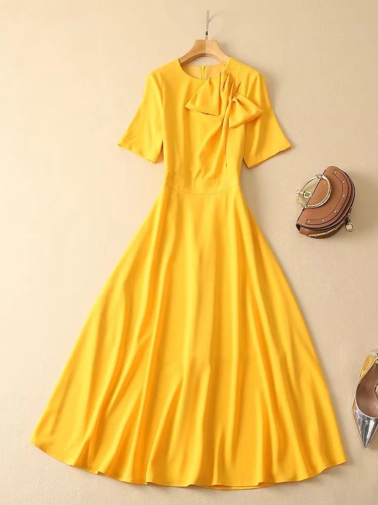SEQINYY Yellow Midi Dress Summer Spring New Fashion Design Women Runway High Street Bow Draped A-Line Slim Elegant Office Lady