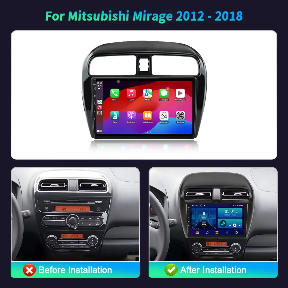 Фото Для Mitsubishi Mirage 2012-2018 автомобильный радиоприемник мультимедийный видеоплеер навигация 4G GPS Android 14 беспроводной BT Carplay сенсорный экран №2