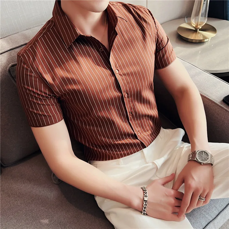 

2023 Top Quality Men's Summer Casual Short-Sleeved Shirts/Male Slim Fit Stripe Lapel Office Dress Business Shirts S-3XL