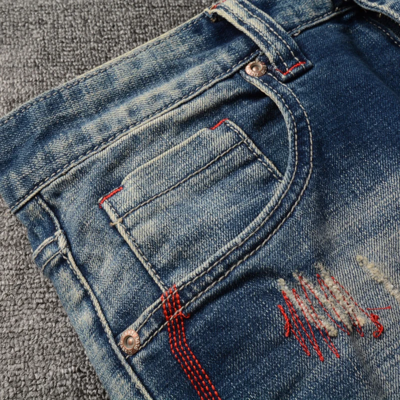 Fashion Streetwear Men Jeans Retro Blue Embroidery Designer Elastic Slim Fit Ripped Jeans Men Patched Vintage Denim Pants Hombre