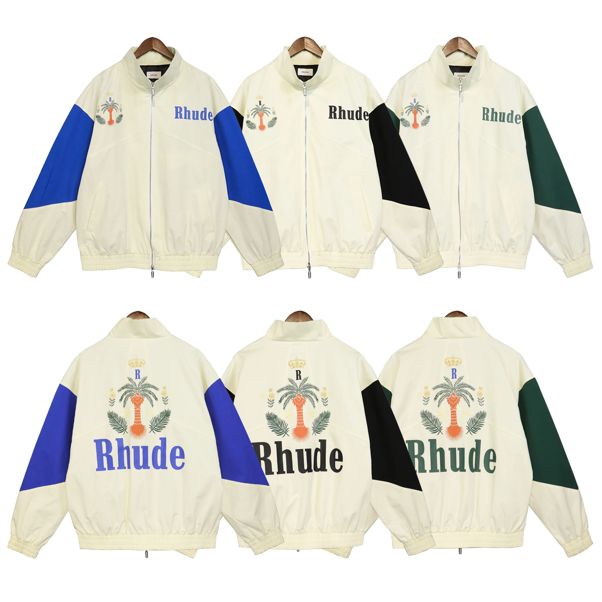 

Rhude High Street Fashion Brand Coconut Tree Peace Dove Stitching Contrast Color Hip Hop Casual Shuttle Men's Autumn Coat Jacket