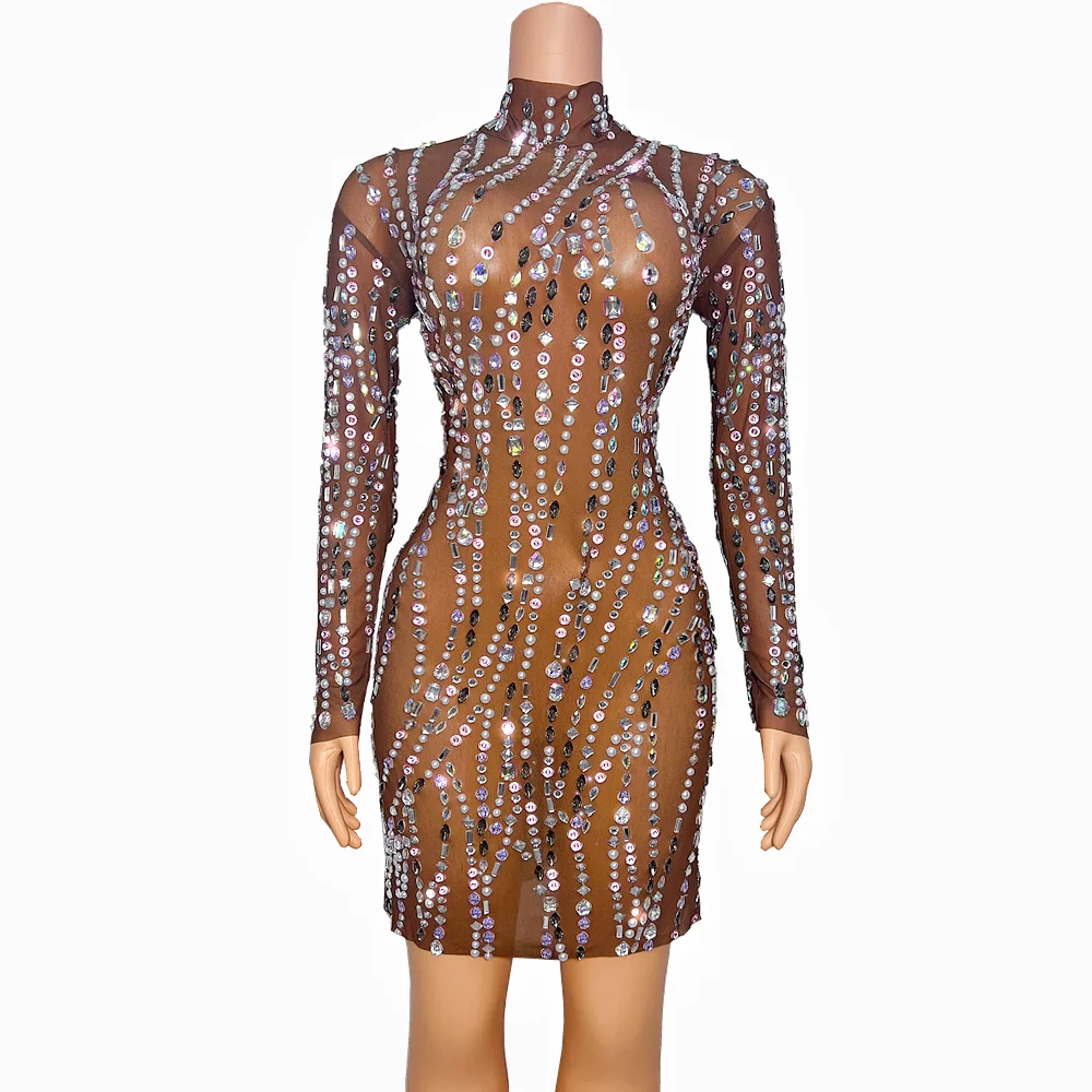 

Colorful Rhinestones Pearls Long Sleeves Transparent Brown Mesh Dress Dancer Performance Birthday Celebrate Outfit
