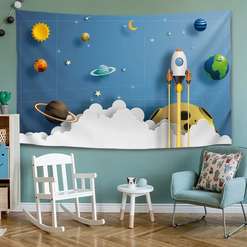Гобелен с мультяшным космосом астронавтом для детской комнаты синий фон