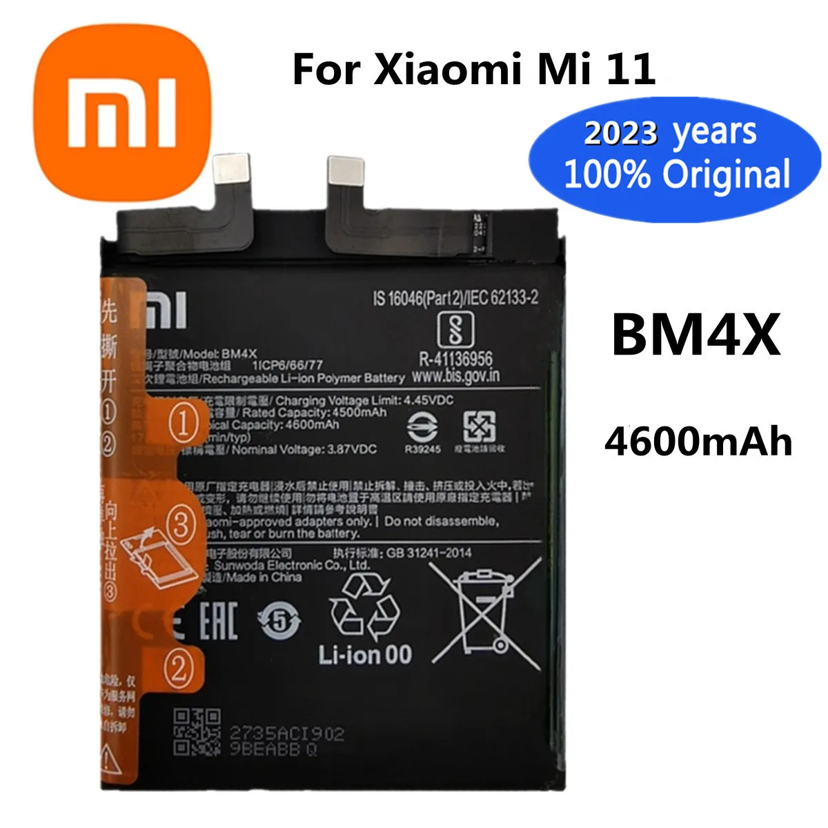 

2023 года, 100% оригинальный аккумулятор Xiao Mi для Xiaomi 11 Xiaomi11 Mi11 BM4X, 4600 мАч, Сменный аккумулятор для телефона, батареи, батарея