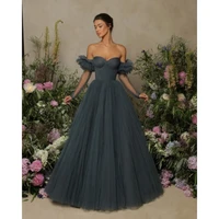 puffy tulle gray a line prom dresses off the shoulder tiered sleeves evening dresses sexy sweetheart party gowns for wedding
