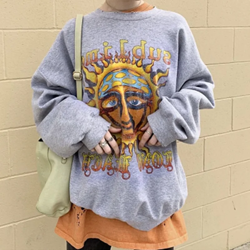 Хлопковая винтажная Толстовка с принтом повседневный Свободный свитшот круглым