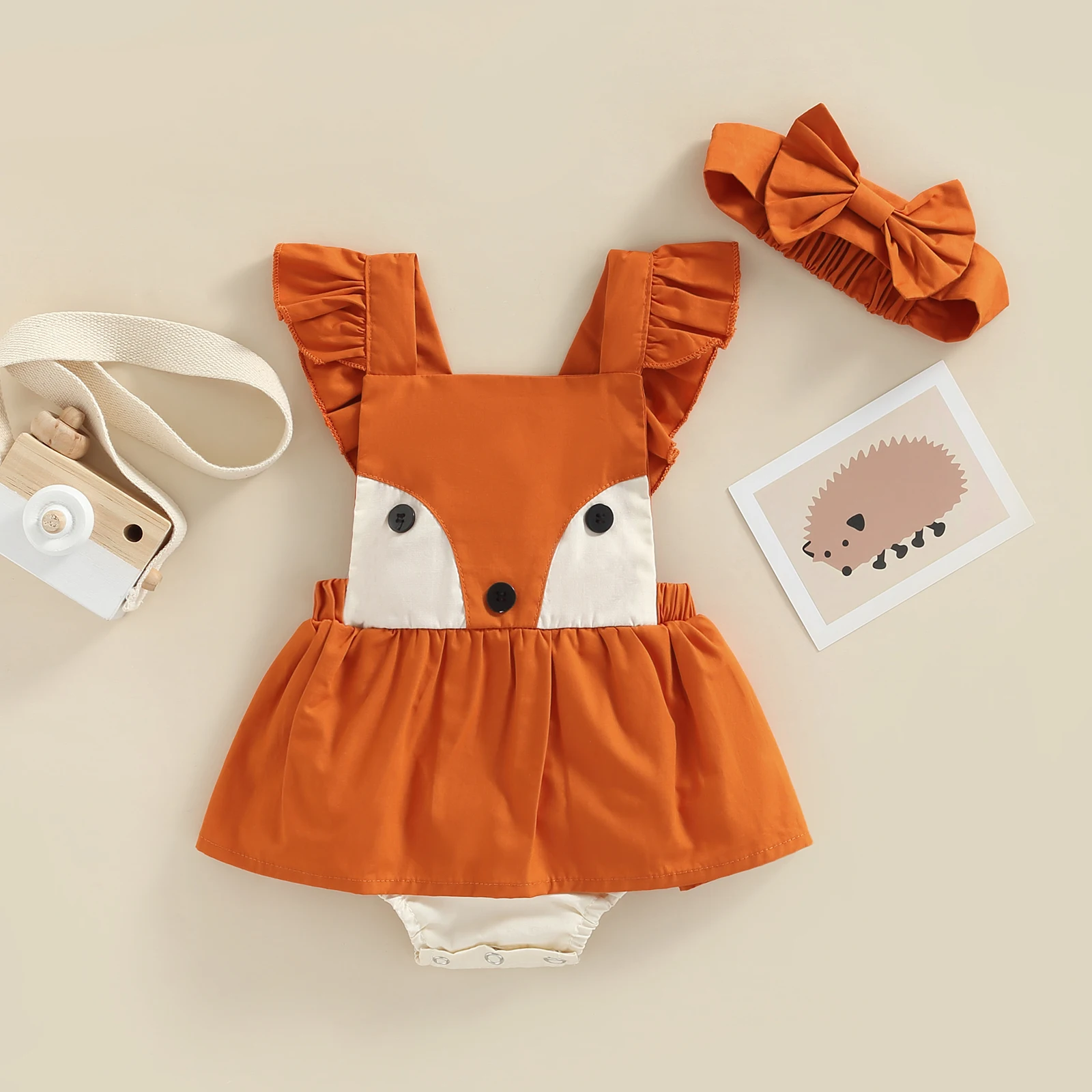 

New Fashion Baby Summer Outfit Cartoon Fox Square Neck Fly Sleeve Romper With Skirt Hem+ Headband For Girls Orange 0-24 Months