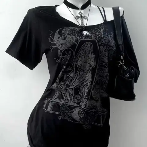 Punk Streetwear T Shirts 2025 Women's Clothing Y2k Tops Print Casual Summer Camisetas Ropa Mujer Off Shoulder Fashion T-shirt