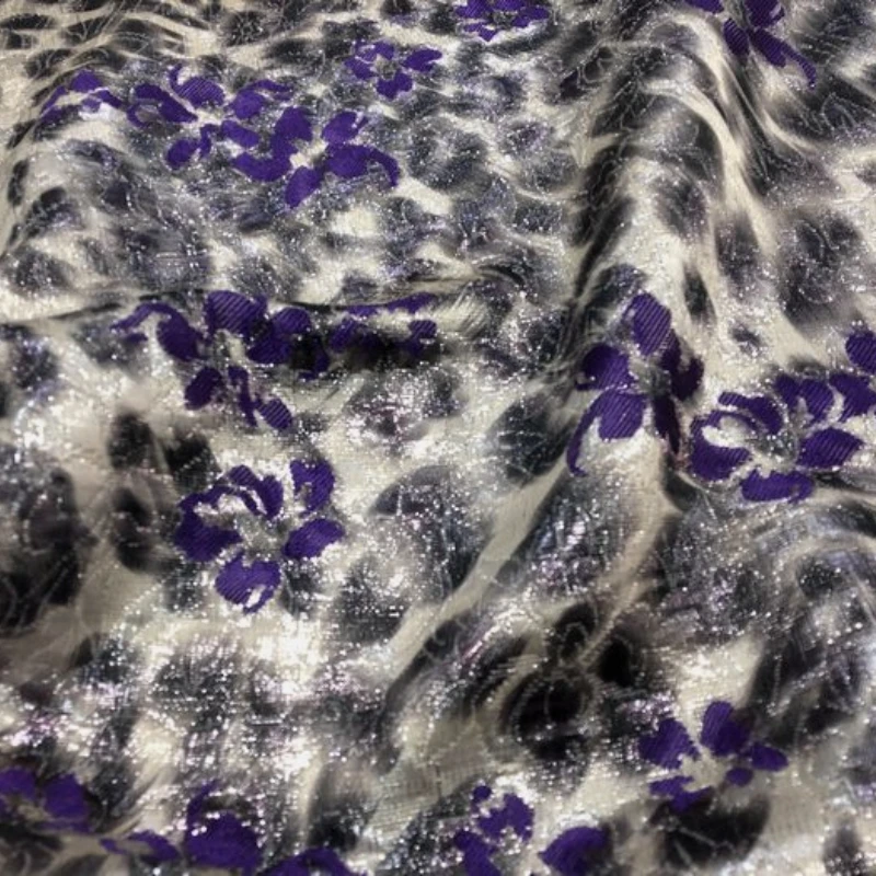 Brocade Fabric Spring and Autumn Beige Bottom Yarn-Dyed Silver Silk Dark Gray Printing Purple Petal Woven Jacquard Chemical