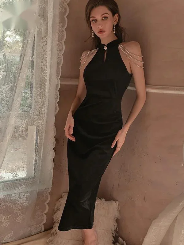 Женское бархатное платье-Ципао с высоким воротником и открытой спиной