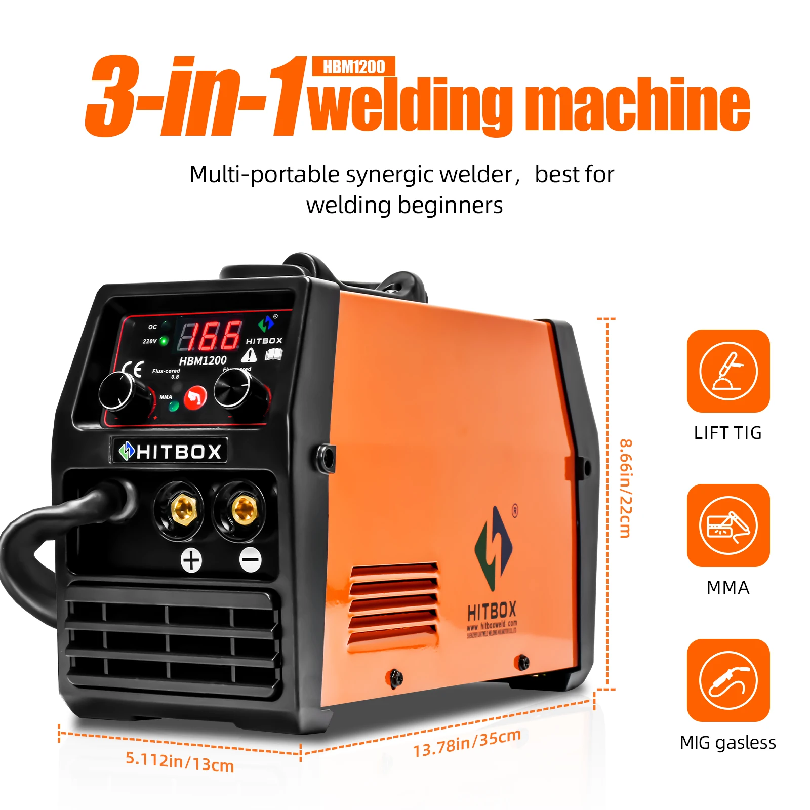 

HITBOX Mig Welder Semi-Automatic 110V 220V Inverter Tig Argon Arc Gas-Less Mig Welder 3 in 1 Synergy HBM1200 Welding Machine
