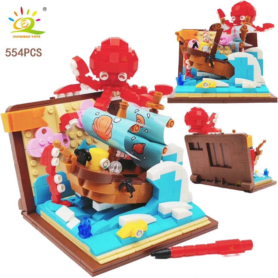 

HUIQIBAO 554PCS City Creative Octopus Boat Model Building Blocks MOC Ocean Exploration Ship Assembly Decor Bricks Children Toys