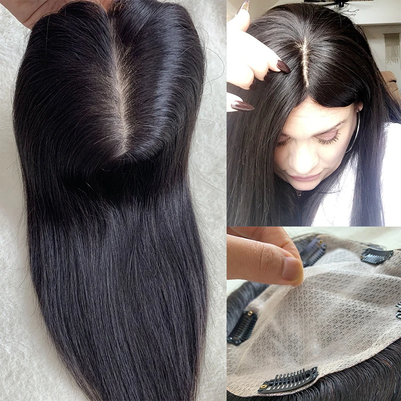 

Black Silk Base Women Topper Clip In Hair Toupee For Women Real Human Hair Piece Customed Toupee Wiglet Top Thin Loss Hair
