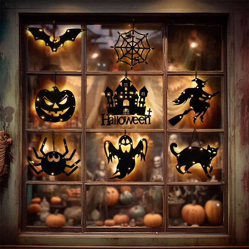 

2023 Hallowen Party Decoration for Home Bar Haunted House Scary Props Halloween Led Lights Pumpkin Ghost Witch Spider Web Lamp