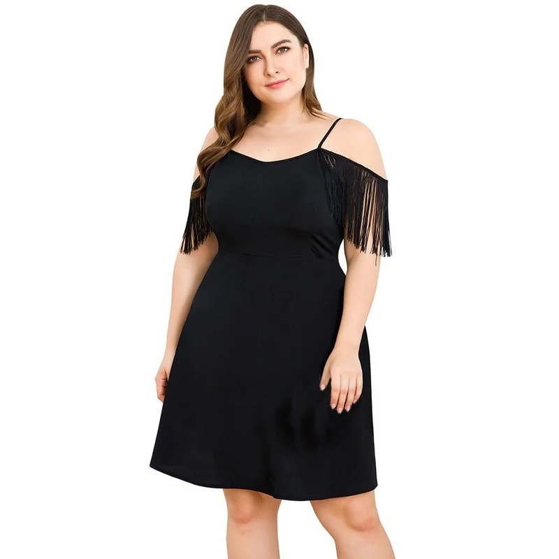 

Plus Size Summer Outfits Off Shoulder Fringe Tassel Club Party Prom Mid Dress Vestidos
