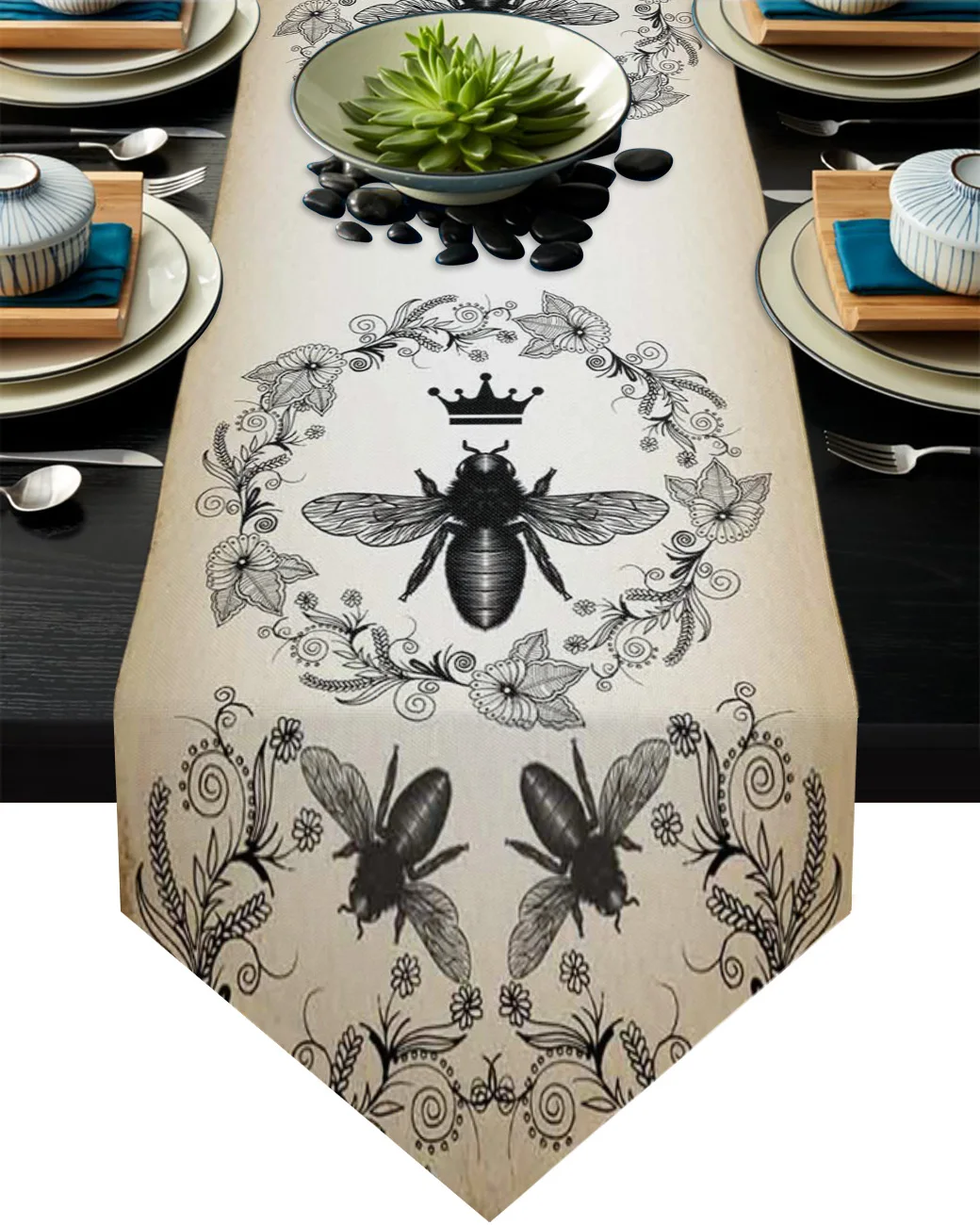 

Retro Flower Bee Crown Wreath Fashion Table Runners Cotton Linen Table Runner Wedding Party Decoration Home Table Runner