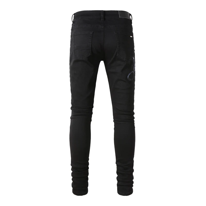 Street Fashion Men Jeans Black Elastic Slim Ripped Jeans Men Destroyed Hole Trousers Cobra Patch Designer Brand Hip Hop Pants